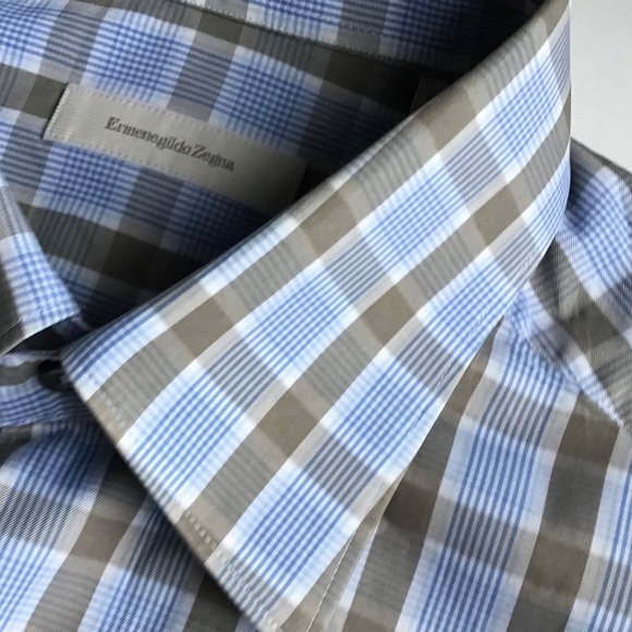 Erminegildo Zegna  Pale blue & green checks cotton shirt Sz L made in Italy 🇮🇹 - Picture 3 of 11